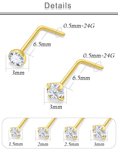 18G 20G 22G 24G Nose Rings Studs 316L Surgical Steel L Shaped Nose Nostril Studs Piercing Jewelry for Women Men Silver Gold Black CZ 1.5mm 2mm 2.5mm 3mm 3.5mm 4mm - style: Gold-24G(0.5mm)-7mm Bars-1.5mm 2mm 2.5mm 3mm CZ