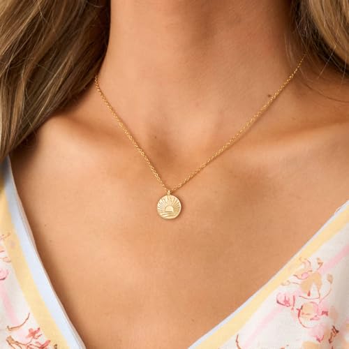 Dainty Gold Necklace: 14k Gold Plated Dianty Boots Bow Sun Moon Horse Evil Eye Conch Seahorse Necklace for Women 16.5"+2" - color: Sun Rise Coin