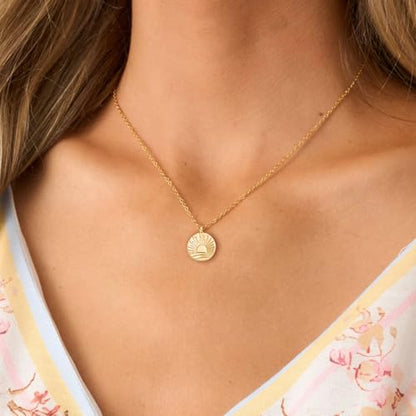 Dainty Gold Necklace: 14k Gold Plated Dianty Boots Bow Sun Moon Horse Evil Eye Conch Seahorse Necklace for Women 16.5"+2" - color: Sun Rise Coin