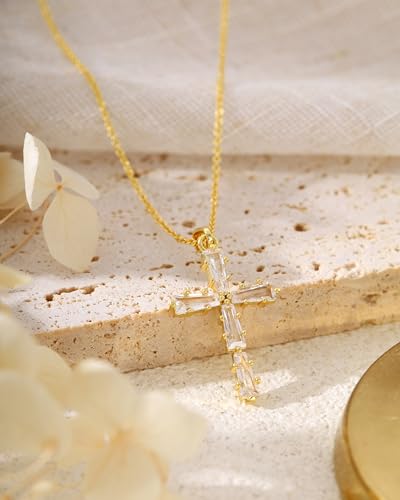 Cross Necklace for Women, 14K Gold Plated Cubic Zirconia Cross Pendant Necklace, Trendy Christian Jewelry Gifts for Baptism First Communion Christmas - color: Style A - Gold
