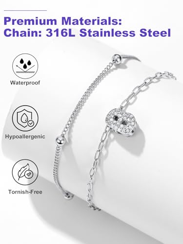 Richsteel Initial Ankle Bracelets for Women Waterproof, 14K Gold Plated/Silver Stainless Steel Anklets, Dainty Adjustable Layered Anklets with Bubble Letter, Non Tarnish Summer Beach Jewelry with Gift Box - color: D-Silver