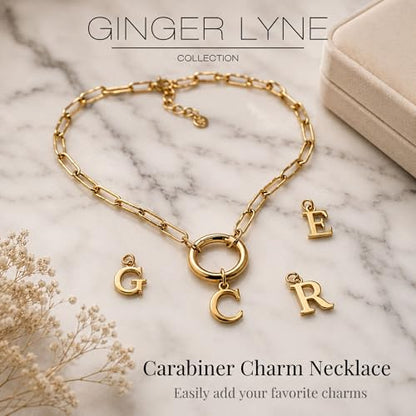 Paperclip Chain Carabiner Initial Charm Holder Necklace by Ginger Lyne | 18K Gold-Plated or Silver Tone Paperclip Chain with Carabiner Charm Holder, Adjustable 18-20 Inch, A-Z Initial Pendant - color: Gold-A