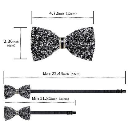 DiBanGu Mens Rhinestone Bow Tie with Ring and Lapel Pin Set | Adjustable Strap,Pre-tied Style,3PCS,Sequin Diamond Bowties，Solid/Mix Color,Shiny Accessory,for Party Prom Banquet Wedding - color: Black Silver