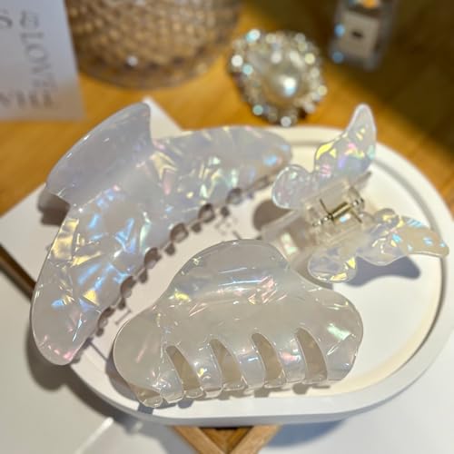 White Jelly Hair Clips 3-Pack, Large Medium & Small Claw Clips for Women, 4.5, 3.1 & 1.8 Inch Sparkly Jelly Clips for Thick and Thin Hair, Strong Hold Hair Accessories Gift Set | 3 Sizes