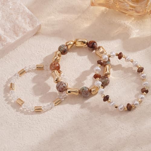 Boho Beaded Stretch Bracelets For Women Stackable Crystal Gold Plated Beaded Bracelets Set Trendy Handmade Friendship Braeclet Jewelry Gifts - color: L-Cracked stone 3pcs