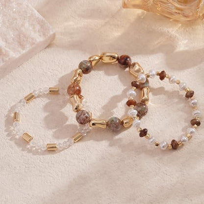Boho Beaded Stretch Bracelets For Women Stackable Crystal Gold Plated Beaded Bracelets Set Trendy Handmade Friendship Braeclet Jewelry Gifts - color: L-Cracked stone 3pcs