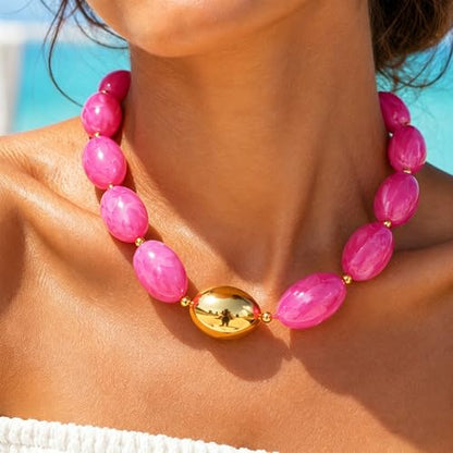 Chunky Beads Necklace for Women Trendy Gold Puffy Heart Choker Necklace Colorful Resin Beaded Heart Pendant Necklaces Statement Jewelry - color: Oval Beads-Rose Red