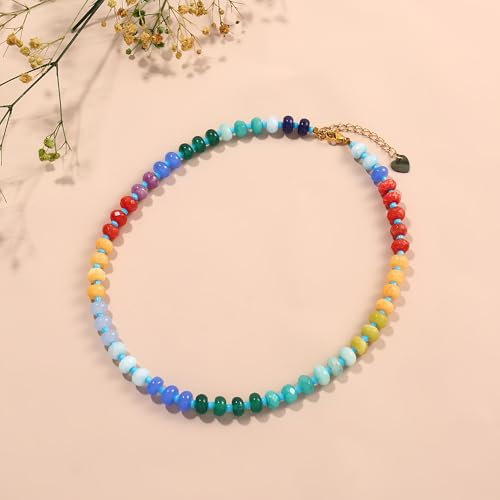 Joya Love Colorful Gemstone Beaded Necklaces For Women Trendy Rainbow Natural Stone Boho Handmade Stainless Steel Waterproof Strand Necklaces Jewelry For Women Gift - color: Red Yellow