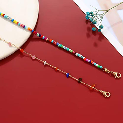 Boho Beaded Ankle Bracelet Beach 18 K Gold Plated Anklet Bracelets Handmade Colorful Seed Beads Butterfly Evil Eye Heart Link Chain Anklet Pack Cute Summer Foot Jewelry for Women - style: beaded ankle bracelet C set