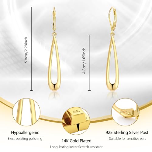 BoutiqueLovin Long Teardrop Dangle Earrings for Women | 14k Gold Plated Dangling Drop Earrings Silver HypoallergenicHollow Dangly Leverback Earings Lightweight Trendy Jewelry Gifts - color: 14K Gold