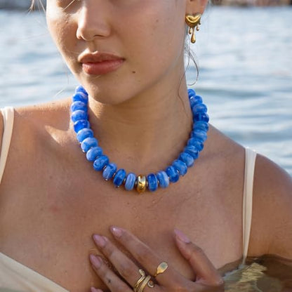 Beaded necklace for Women Boho Bead Gemstone Chunky Necklace Big Bead Necklace Fashion Trendy Summer Necklaces Jewelry Gifts - color: Light Bleu&GD Beaded