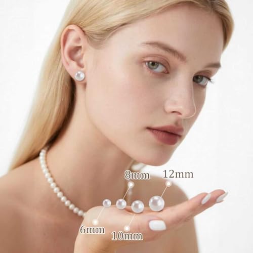 Shell Pearl Stud Earrings for Women, 925 Sterling Silver Posts | 18K Gold Plated, Round White Simulated Pearl Earrings for Sensitive Ears, Hypoallergenic Minimalist Jewelry - size: 6mm
