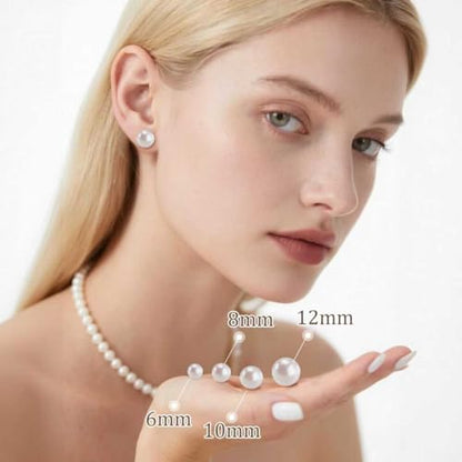 Shell Pearl Stud Earrings for Women, 925 Sterling Silver Posts | 18K Gold Plated, Round White Simulated Pearl Earrings for Sensitive Ears, Hypoallergenic Minimalist Jewelry - size: 10mm