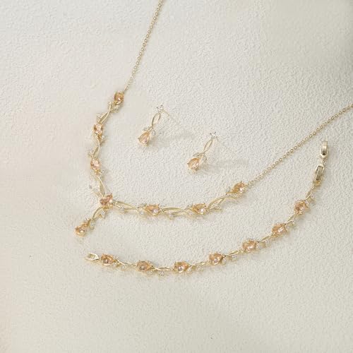 Crysdue Wedding Jewelry Set for Brides Bridesmaid, Cubic Zirconia Teardrop Marquise Leaf Cluster Pendant Necklace Bridal Tennis Bracelet Drop Earrings for Women Party Prom - style: A- CZ set-champagne, gold