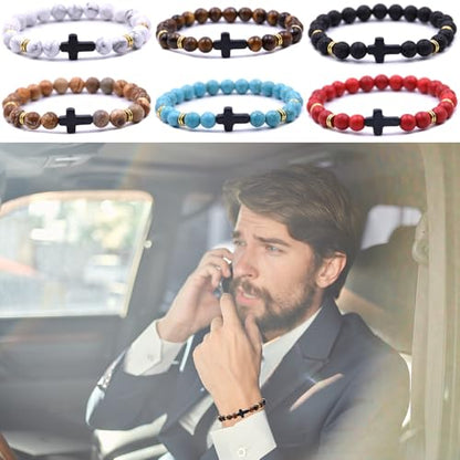 Beaded Bracelets Cross Bracelet for Women Men Lava Rock Turquoise Tiger Eye Natural Bracelet Anxiety Healing - color: 6 Pcs- black cross 1