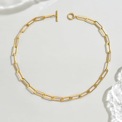 Chunky Gold Necklace for Women, 18K Gold Plated Paperclip, Figaro Link Chain Necklace, Toggle Clasp Necklaces, Trendy Non Tarnish Jewelry, Christmas Gifts - style: Paperclip Toggle 17.7''-Gold