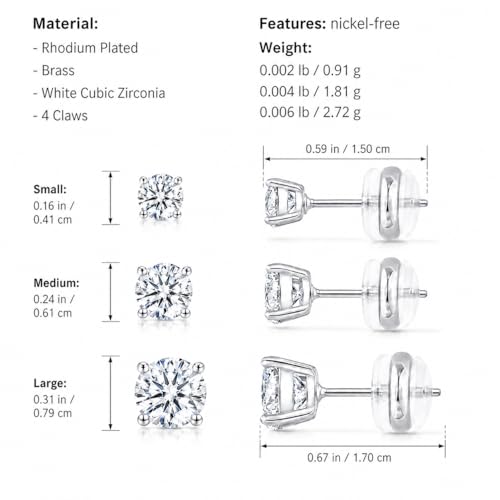 CoBi Cubic Zirconia Earrings for Women, 3 Pairs CZ Stud Earring Set, 4, 6, 8 mm, Small Minimalist Earring, Everyday Wear Jewelry, Fashion Accessories, Hypoallergenic, Ideal Gift