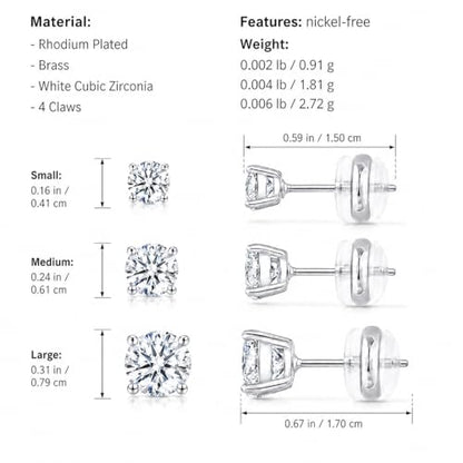 CoBi Cubic Zirconia Earrings for Women, 3 Pairs CZ Stud Earring Set, 4, 6, 8 mm, Small Minimalist Earring, Everyday Wear Jewelry, Fashion Accessories, Hypoallergenic, Ideal Gift