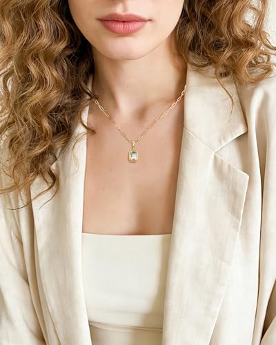 Cubic Zirconia Necklace for Women 14k Gold Plated Paperclip Chain Cz Pendant Necklaces Dainty Square Crystal Trendy Jewelry Gift