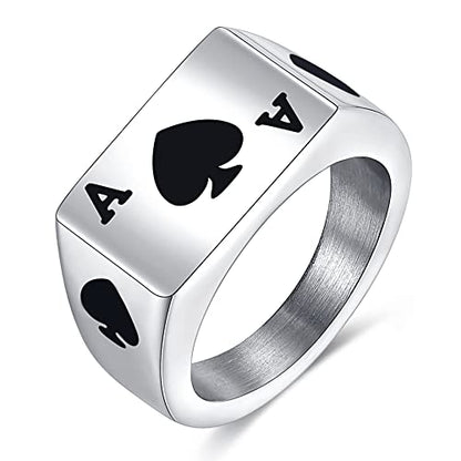 VQYSKO 14K Gold Plated Square Signet Ring | Stainless Steel Band for Men - color: Silver Spade Ace