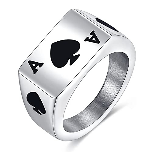 VQYSKO 14K Gold Plated Square Signet Ring | Stainless Steel Band for Men - color: Silver Spade Ace