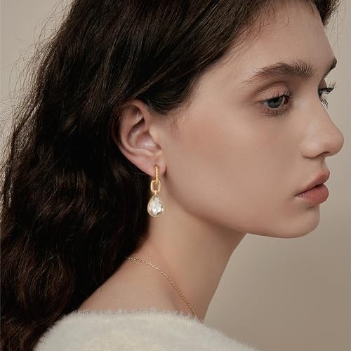Crystals Teardrop Dangle Drop Earrings, 18K Gold Plated Hoop Earrings Zirconia Jewelry for Women Gifts - color: White-Long
