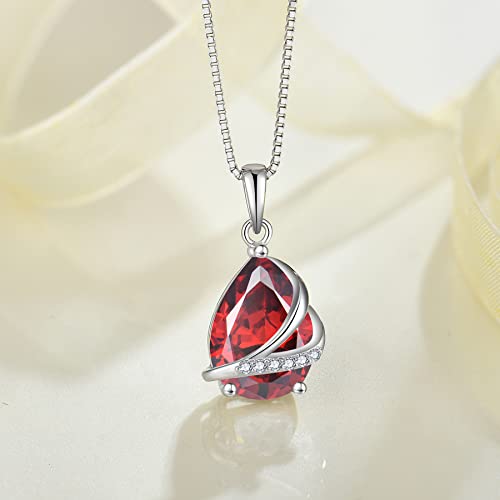 Birthstone Pendant Necklace 925 Sterling Silver Teardrop Jewelry for Women - color: Deep Red