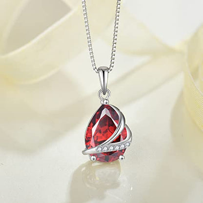 Birthstone Pendant Necklace 925 Sterling Silver Teardrop Jewelry for Women - color: Deep Red