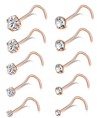 20G 10Pcs Stainless Steel L Screw Bone Shaped Nose Studs Rings Square Round CZ Nose Ring Labret Nose Piercing Jewelry for Men Women Silver Tone 1.5mm-2mm-2.5mm-3mm-3.5mm CZ - style: E:10Pcs,S Shaped(Rose Gold Tone)