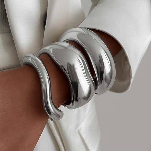 Chunky Gold Bangle Bracelets for Women, 14k Gold Plated Dainty Cuff Stackable Bangles Set, Trendy Bracelet Stack Fashion Jewelry Gifts - color: 05-Silver