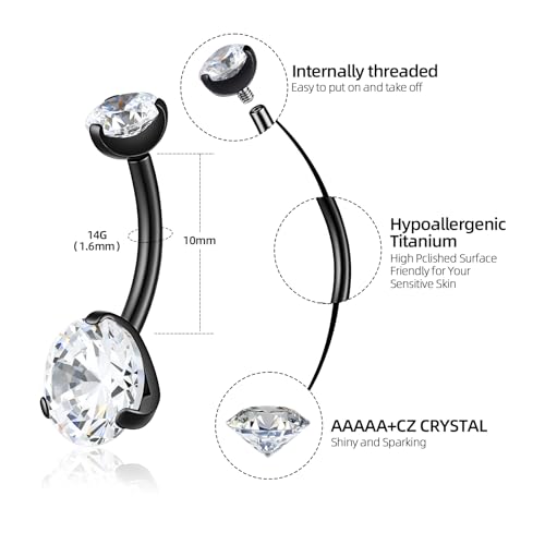 Solid Titanium Belly Button Ring,14G Hypoallergenic Silver Belly Rings,Internally Threaded 10mm Belly Piercing Jewelry,Round CZ Navel Rings,14G Belly Button Rings for Women Men - color: B-wt