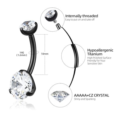 Solid Titanium Belly Button Ring,14G Hypoallergenic Silver Belly Rings,Internally Threaded 10mm Belly Piercing Jewelry,Round CZ Navel Rings,14G Belly Button Rings for Women Men - color: B-wt