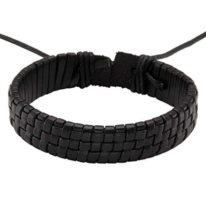 Eigso PU Leather Braided Handmade Cuff Wrap Bracelet Handbands for Men Women Stackable Adjustable - color: Black