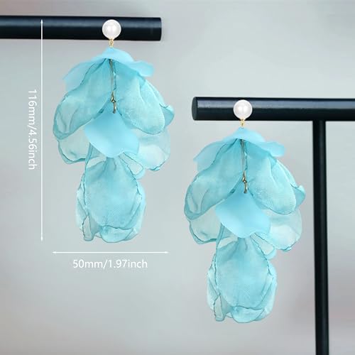 Handmade Bohemian Lightweight Fabric Flower Dangle Drop Earrings Chic Pearl Large Tassel Petal Stud Earrings For Women - color: Mint Blue