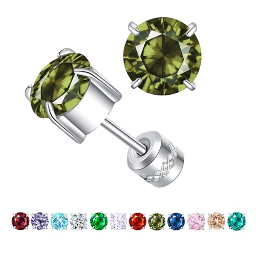 Titanium Flat Back Surgical Stainless Steel Stud Earrings for Women Men,Birthstone Stud Earrings Hypoallergenic Double Side 5A Cubic Zirconia Studs Jewelry 6mm - color: August(Peridot)