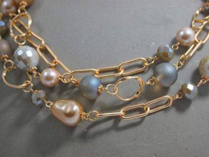 Multi Strand layered Frosted Multi Layer Mother of Pearl Statement Chunky Pastel Pearl Necklace June Birthday Gift - style: gold-filled
