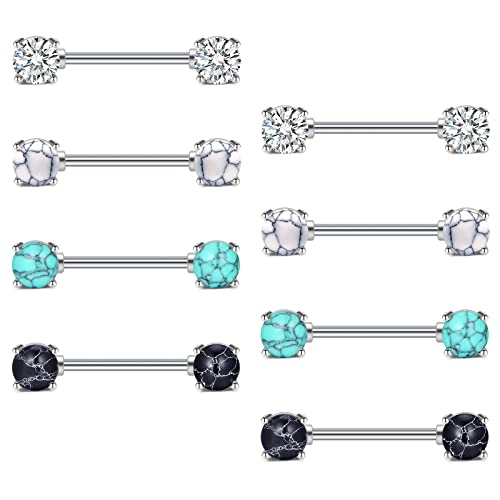 JFORYOU 14G Surgical Steel Nipple Rings Barbell Nipple Bar Piercing Jewelry for Women Double Front Facing Gem Synthesis Marble Stone Opal Design 16mm - style: 4 Pairs Marble and CZ Style
