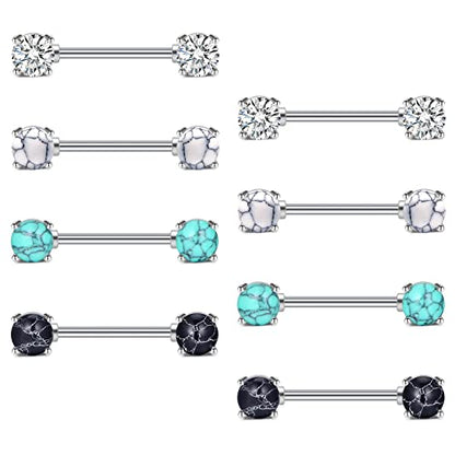 JFORYOU 14G Surgical Steel Nipple Rings Barbell Nipple Bar Piercing Jewelry for Women Double Front Facing Gem Synthesis Marble Stone Opal Design 16mm - style: 4 Pairs Marble and CZ Style