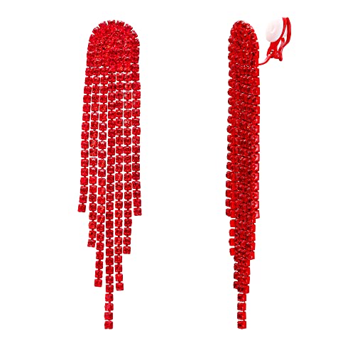 Clip-on Earrings Rhinestone Dangling for Women Fashion Long Chandelier Sparkle Crystal Tassel Dangle Drop Earring - color: Ruby Color Red-Tone