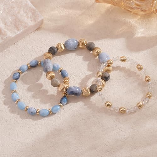 Boho Beaded Stretch Bracelets For Women Stackable Crystal Gold Plated Beaded Bracelets Set Trendy Handmade Friendship Braeclet Jewelry Gifts - color: L-Blue white 3pcs