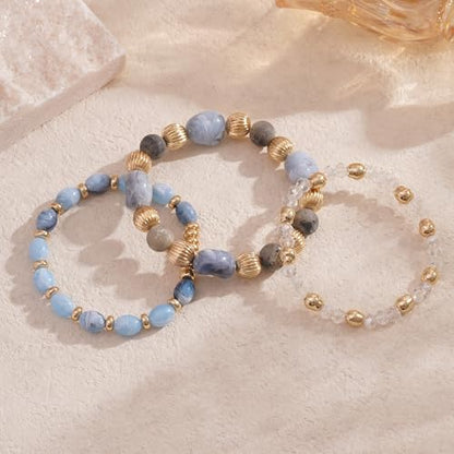 Boho Beaded Stretch Bracelets For Women Stackable Crystal Gold Plated Beaded Bracelets Set Trendy Handmade Friendship Braeclet Jewelry Gifts - color: L-Blue white 3pcs