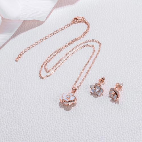 EleQueen Rose Flower Necklace Earrings Bracelet Set for Women - color: White-Rose Gold-Tone