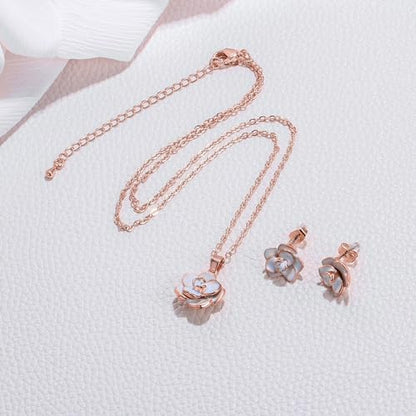 EleQueen Rose Flower Necklace Earrings Bracelet Set for Women - color: White-Rose Gold-Tone