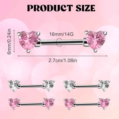2 Pairs 14G Heart Nipple Rings, Stainless Steel Love Heart Barbell Tongue Rings Set, Nipple Piercing Barbell Ring Jewelry for Women Men(16mm)