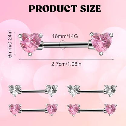 2 Pairs 14G Heart Nipple Rings, Stainless Steel Love Heart Barbell Tongue Rings Set, Nipple Piercing Barbell Ring Jewelry for Women Men(16mm)