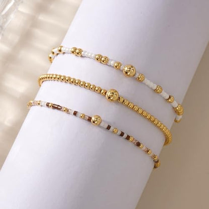 Gold Beaded Bracelet Stack for Women Colorful Small Seed Beads Bracelets Set Boho 14K Gold Plated Ball Stackable Stretch Non-Tarnish Dainty Jewelry Trendy Accessory Friendship Gift - color: brown and white