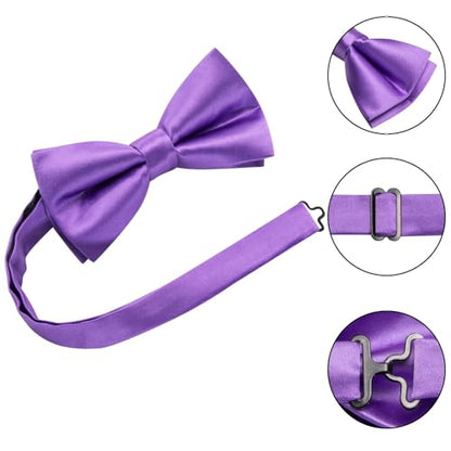 Hi-Tie 5Pcs Mens Solid Color Silk Tie Satin Pretied Bowtie Lapel Pin for Men Handkerchief Cufflink Wedding Gift Box - color: Lavender