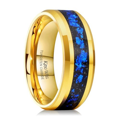 King Will Mens Wedding Band with Foils Inlay, Black/Silver/Gold | Black, 6mm/8mm, Beveled Edge, Comfort Fit, Glowstone Ring, Everyday Wear - color: Gold&Blue-8mm