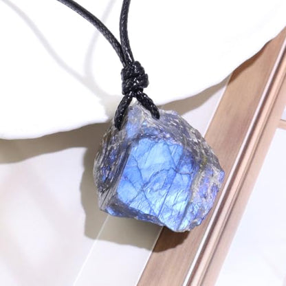 FANASY Natural Raw Crystal Necklace for Women Irregular Stone Necklaces Spiritual Gemstone Pendant with Adjustable Rope - color: Raw Labradorite