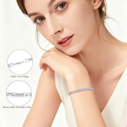 4/5mm Tennis Bracelets for Women, Adjustable 18K White Gold Plated Fold Over Clasp 4/5mm Round Cubic Zirconia Stackable Classic Tennis Bracelets for Women, Size 6.5-7.5 inch + 1 inch - size: 7.0 + 1 inch